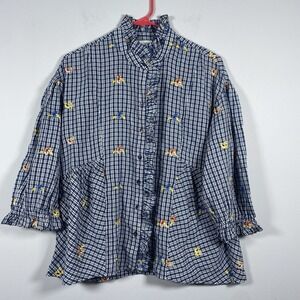 Sundance Seaside Gardens Gingham‎ Floral Embroidered Ruffle Top Cottage Boho XS